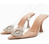 Women Sandals Summer Pointed Toe Transparent Heeled Pumps Fashion Female Wedding Shoes New Rhinestone Bow Stiletto Heels