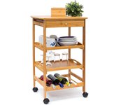 Carrito Auxiliar con Ruedas, 80,5x50x37cm, Verdulero, Carro Cocina, Cajón y 2 Estantes, Bambú, Marrón Natural