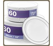 120 Platos de Plástico Blanco Premium con Borde Plateado, 2 Tamaños - Elegantes y Reutilizables - Vajilla Resistente e Irrompible para Bodas, Cumpleaños, Catering, Fiestas