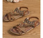 Sandalias de estilo bohemio para las mujeres, la primavera y el verano de nuevo tamaño grande plana flor sandalias de diamantes de imitación, dedo del pie abierto fuera de desgaste sandalias de playa