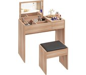 Tocador de Maquillaje con Taburete Mesa de Maquillaje con Espejo Tapa Abatible y Cajas de Almacenamiento 80x40x79 cm y 40x30x40 cm Natural