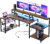 Gaming 181cm, Escritorio Gaming con Luces LED, Mesa Gaming para PC con 3 Tomas de CA y 2 Puertos de Carga USB, Escritorio para Ordenador con Amplio Estante para Monitor, marrón