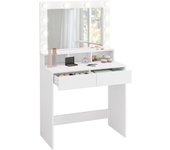 Tocador de Maquillaje con Luz LED y Espejo Grande, Mesa de Tocador con 2 Cajones y 3 Compartimentos Abiertos, Mueble de Dormitorio de Estilo Moderno, Blanco