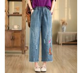 Nine point cotton wide leg embroidered jeans, women's high waisted, ruffled, loose fitting oversized straight leg casual pants