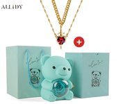 Luxury Hot Red Zircon Heart & Dagger Pendant Double Couple Necklace Set with Real Preserved Rose & Teddy Bear – Romantic Jewelry Gift for Mother’s Day, Valentine’s Day, Birthday & Anniversary