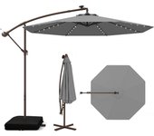 Sombrilla Terraza Exterior con Base, 3x3 con 40 Luces LED, Sombrilla Jardin Inclinable con Manivela, Patio, Jardín, Terraza, Piscina, Playa