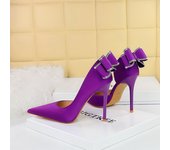 European and American banquet stiletto heel shallow, pointed toe side cut-out rhinestone after bow heels