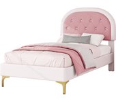Cama tapizada, 90x200cm, cama con somier (sin colchón), cama con patas de metal, cabecero curvado, terciopelo, minimalista, rosa