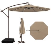 Sombrilla Terraza Exterior con Base, Parasol Excentrico 3x3 con 40 Luces LED, Sombrilla Jardin Inclinable con Manivela, Patio, Jardín, Terraza, Piscina, Playa