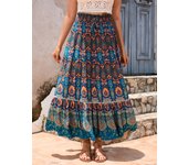 Women Bohemia Skirt Long Vintage Dress Floral Printed Rayon A line Large Hem Elastic Waist red blue