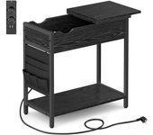 Mesa Auxiliar con Multienchufe, Mesa Lateral Estrecha con Puertos USB, Sacos, Mesita de Noche, para SalÓn, Dormitorio, MarrÓn RÚstico y Negro