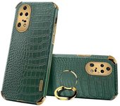 For Huawei P50 Pro 4G Crocodile Texture Electroplating Cover PU Leather Coated TPU Phone Case with Ring Kickstand