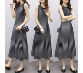 Vestido elegante de estilo coreano a rayas para mujer, vestido largo Vintage sencillo sin mangas con chaleco, falda acampanada