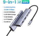 UGREEN Revodok 109 USB C Hub HDMI 4K60Hz Ethernet Gigabit Adapter Type C Reader SD TF Card PD 100W Charging Compatible with MacBook Pro Air M3 M2 M1 iPhone 16 Plus MAX