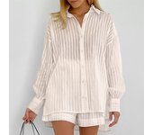 Top a rayas de manga larga para mujer, blusa suelta con bolsillos, pantalones cortos a rayas de manga burbuja Conjunto casual de diseño Commuter