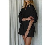 Top a rayas de manga larga para mujer, blusa suelta con bolsillos, pantalones cortos a rayas de manga burbuja Conjunto casual de diseño Commuter