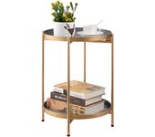 37x 37x 48.5  Mesa Auxiliar Redonda Mesa de Café & Té Bandeja de Metal de 2 Niveles Mesita de Noche Mesita de Sofá para Sala de Estar Dormitorio Balcón Patio Gris  Dorado