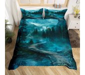 3PCS Quilt Cover Smoky Mountain Bedding Forest Duvet Cover King Grey Tree Comforter Cover Mountain with Forest Retro Print Decorative Bedding Set