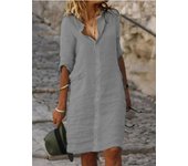 New Loose Fit Turn-down Collar Button Mid-sleeve Solid Color Cotton Linen Shirt Dress