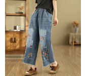 Nine point cotton wide leg embroidered jeans, women's high waisted, ruffled, loose fitting oversized straight leg casual pants