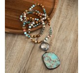 Bohemian retro style crystal knot necklace, square natural stone pendant chain, spring series