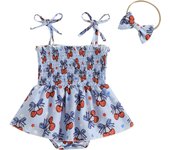 Pudcoco Infant Baby Girls Independence Day Romper Sleeveless Bow Cherry Print Jumpsuit with Headband 0-18M