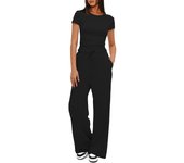 casual women's 2-piece set, frowning, short sleeved, high waisted, wide leg pants, sportswear
