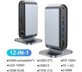 12-in-1 C Docking Station HDMI-compatible Adapter 4K 30Hz PD 100W Type-C HUB USB 3.0 Splitter for Laptop Book Pro Air