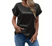 Blusas de satén de estilo veraniego para mujer, camisas informales con manga de ala de murciélago y cuello redondo, Blusas holgadas de Color sólido