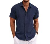 Cárdigan de algodón y lino con doble tapeta para hombre, camisa de color sólido de manga corta, solapa de manga corta