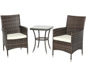 Conjunto de Muebles Ratán para Jardín Formado por 1 Mesa y 2 Sillones con Cojines Estructura de Metal y Ratán Marrón