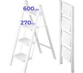 Plegable de 4 peldaños, Escalera de Tijera, Alfombra de Goma Antideslizante, Escalera de Acero para el hogar y la Oficina, Blanco