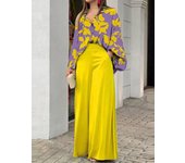 Women casual 2 pieces set elegant floral print long sleeve shirt and wide leg pants