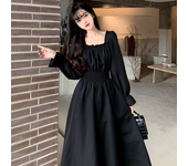 Elegant Long Dress with Dark Pleats Sweet Retro Square Neck for Women