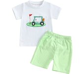 Pudcoco Boys Summer Shorts Sets Short Sleeve O Neck Chick/Golf Court/Cattle Head Embroidery Tops Plaid Shorts Sets 6M-4T