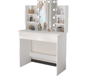 Tocador de Maquillaje con Espejo y 10 Bombillas LED Luz Regulable, Mesa de Tocador con 2 Cajones Grandes y 4 Estantes, 90x40x135cm, Mesa de Maquillaje Moderno para Dormitorio, Blanco, MB6096ws