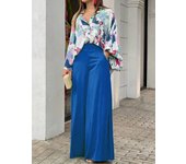 Women casual 2 pieces set elegant floral print long sleeve shirt and wide leg pants