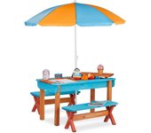 Mobiliario Infantil para jardín, Set con Mesa, Dos Bancos y sombrilla, Muebles de Exterior, Madera, Multi-Color