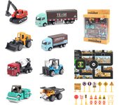 8pcs/set Alloy Engineering Truck with Mat&Road Sign Classic Construction Model Vehicle Loader Tractor Excavator Toy Car for Boys