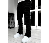 High Street White Men's Stacked Jeans Stretched Patchwork Tassel Damaged Denim Full Length Pants Hip-pop Trousers For Male