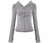 iamgia blue cotton zipper hooded long sleeved high stretch top low waist micro flared pants for women 2024