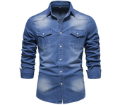 Camisa De Lino Elástico  Para Hombre Cuello En V Manga Larga Estilo Vaquero Calidad Superior Ropa Casual De Corte Slim