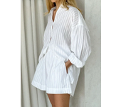 Conjunto de pantalones cortos informales a rayas Jacquard, camisa de manga farol con solapa acogedora, pantalones cortos de cint