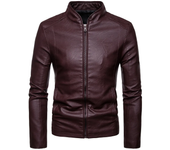 Abrigo hombre piel sintética manga larga, cuello redondo, cremallera-bolsillos, color sólido, moda Otoño-Invierno.