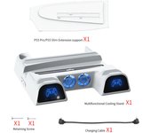 PS5 Slim Stand con ventilador de 3 velocidades, cargador del mando PS5, soporte vertical PS5 con 14 puertos USB y 14 ranuras