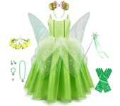 Fancy Tinker Bell Dress with Wings Kids Halloween Pixie Fairy Cosplay Costume Girls Makeup Party Elegant Carnival Clothing Gown