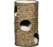 PawHut Barril rascador para gatos de 73 cm de alto con 3 cuevas, cojines, rascador con cama para gatos, torre para gatos de jacinto de agua, marrón oscuro