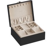 SONGMICS Joyero 2 Capas, Joyero con Asa, Bandeja Flexible para Joyas, Caja para Joyas, Efecto Flotante, 20,5 x 24 x 11 cm, Idea Regalo, Blanco/Negro