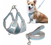 Arnés para perros, gatos, perros pequeños y medianos, arnés para cachorros, chaleco reflectante ajustable, suave, arnés de control seguro, acolchado, de tela a cuadros, chaleco con correa para perros, conjunto de arnés para el pecho (XS)