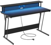 Escritorio Gaming con Luces LED y Tomas de Corriente, Mesa de Oficina con Estante para 2 Monitores, 55x135x76 cm, Color Negro Carbón